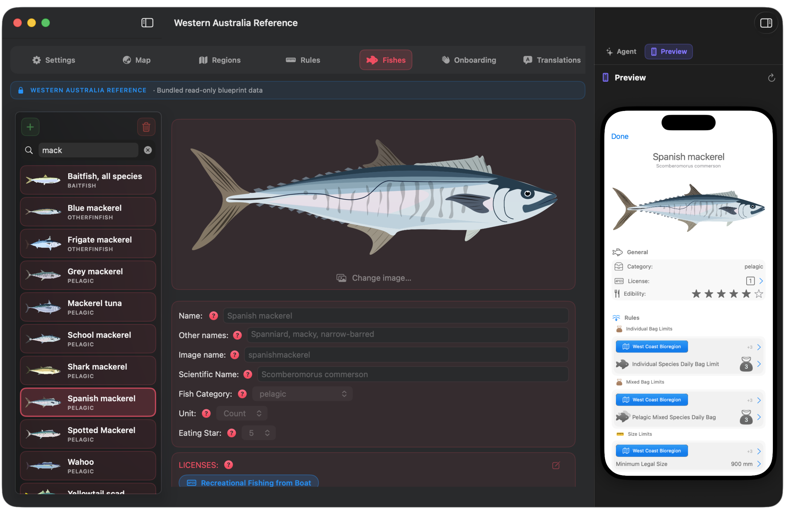 Fish species, illustrations and licences